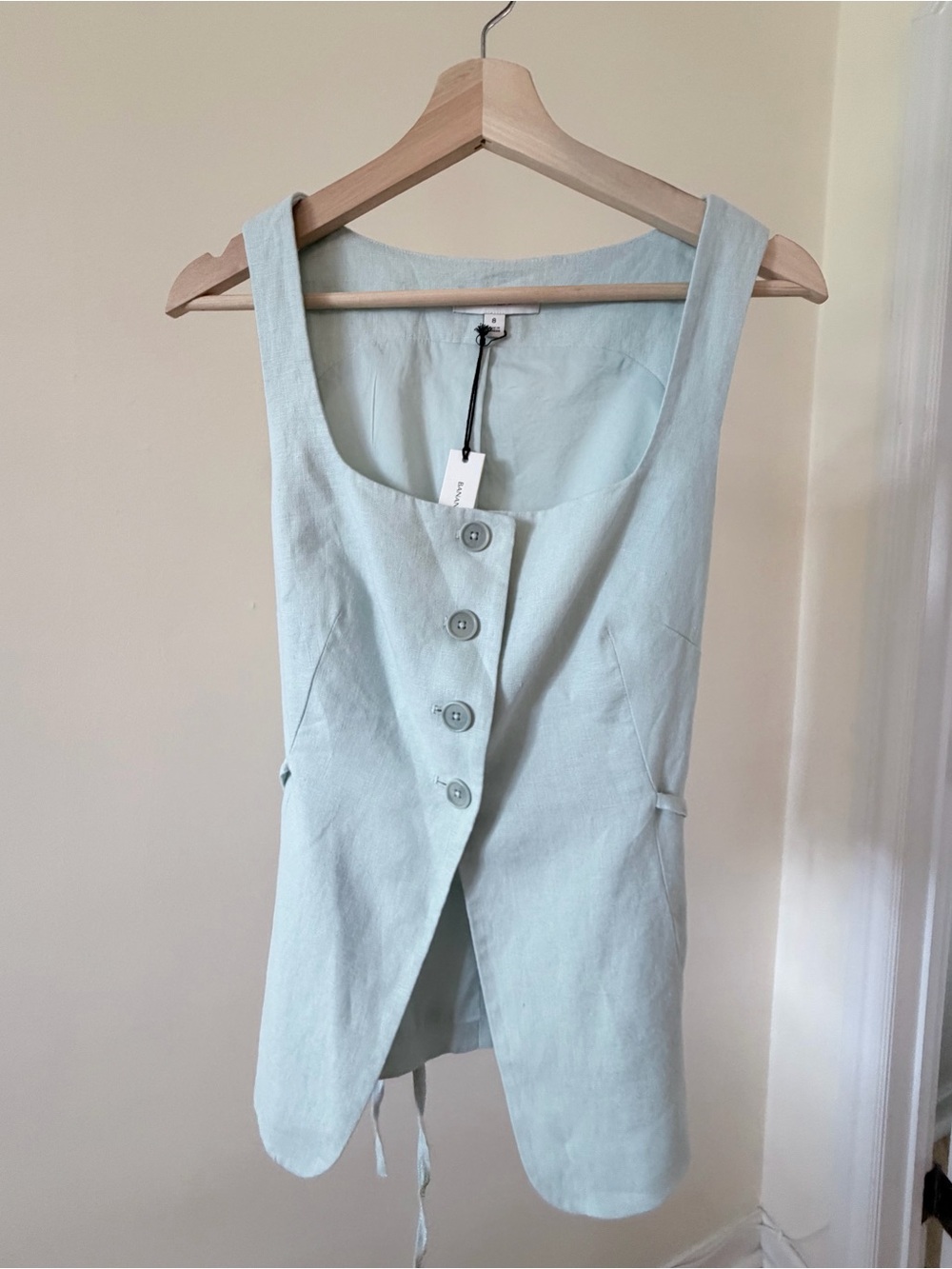 Light Mint Linen Top with a Button Front & Square Neckline